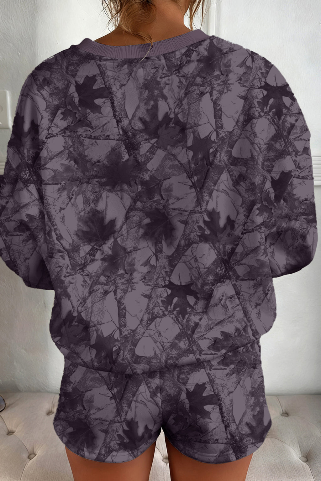 Brown Abstract Woodland Camo Print Baggy Pullover Drawstring Shorts Set 🇺🇸