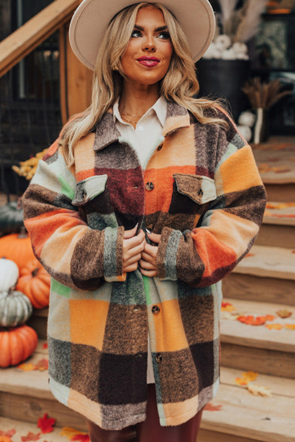 Orange Plaid Print Flap Pocket Long Jacket 🇺🇸