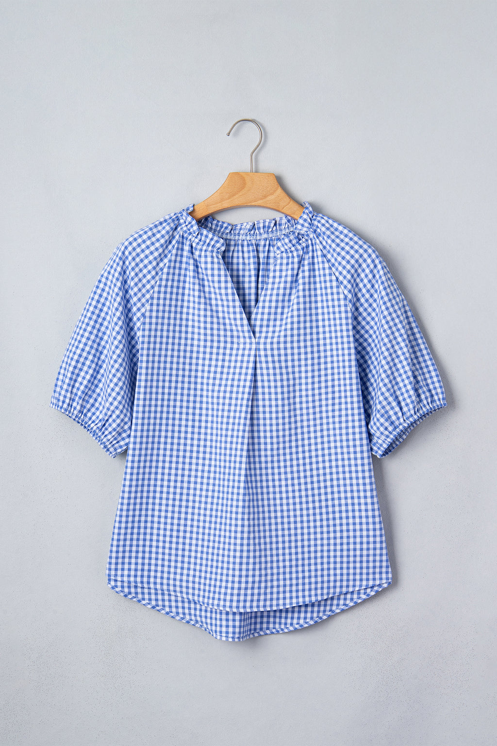 Sky Blue Summer Plaid V Neck Puff Sleeve Blouse 🇺🇸