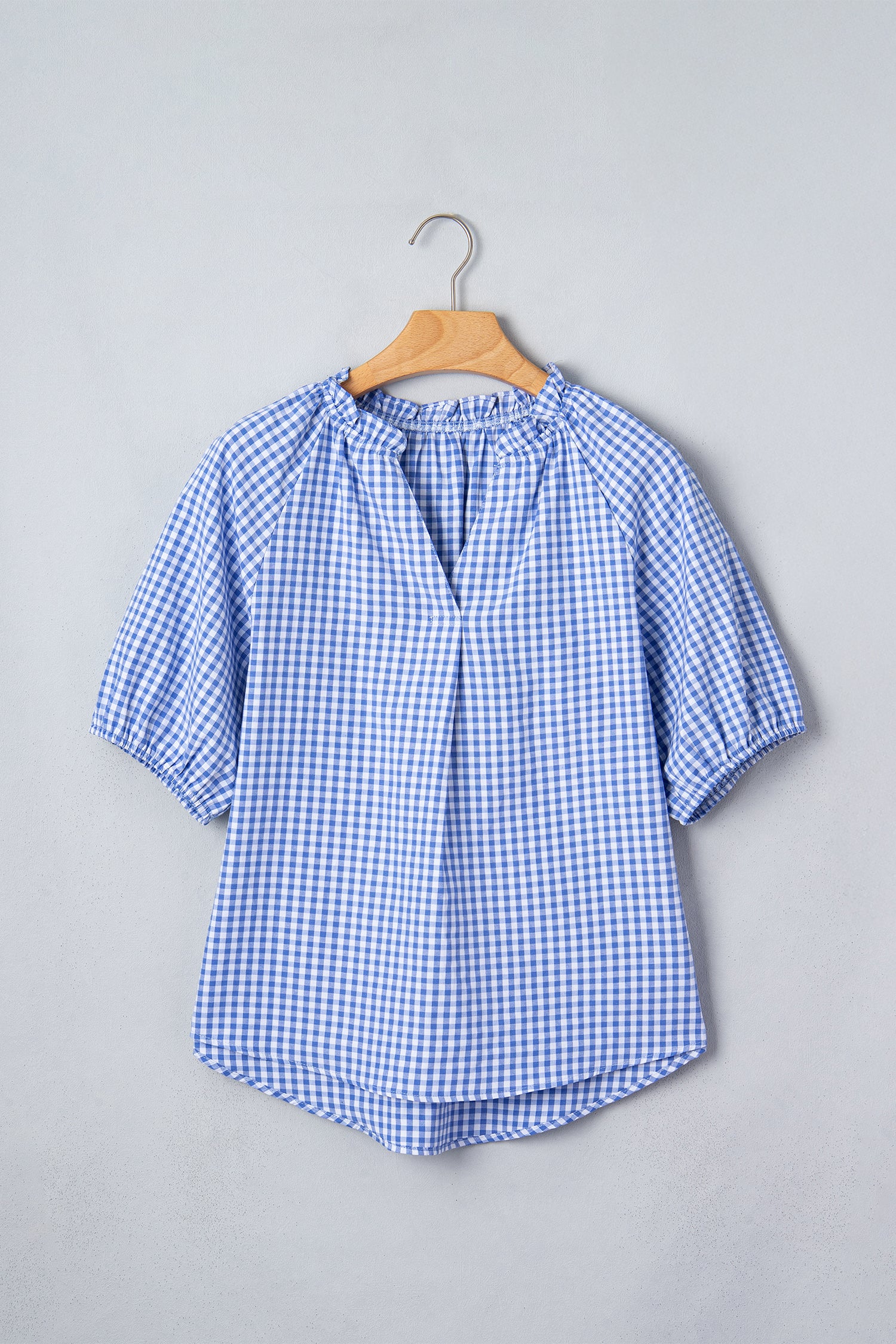 Sky Blue Summer Plaid V Neck Puff Sleeve Blouse 🇺🇸