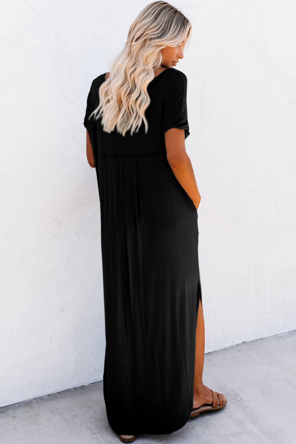 Black V Neck Hidden Pocket Splits Maxi T-shirt Dress 🇨🇳