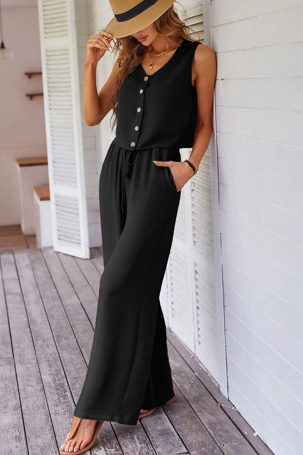 Black Buttoned Vest Drawstring Wide Leg Pants 2pcs Set 🇨🇳