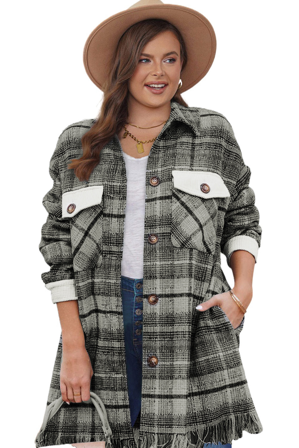 Black Plus Size Macrame Plaid Coat 🇺🇸