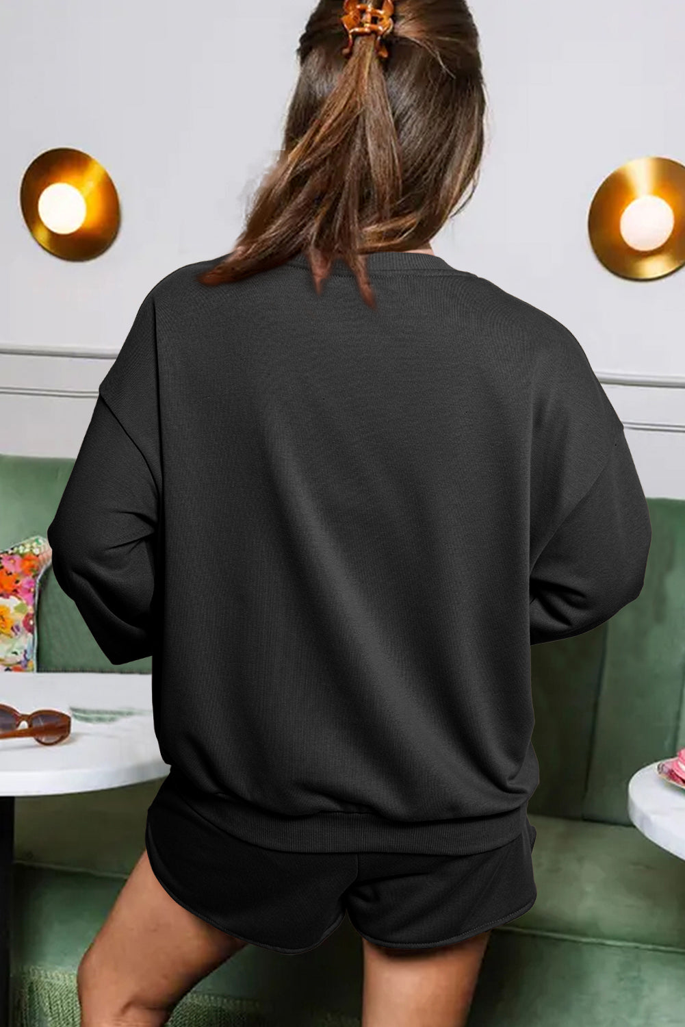 Black Sequined COFFEE Loose Fit Sweatshirt and Shorts Set 🇺🇸