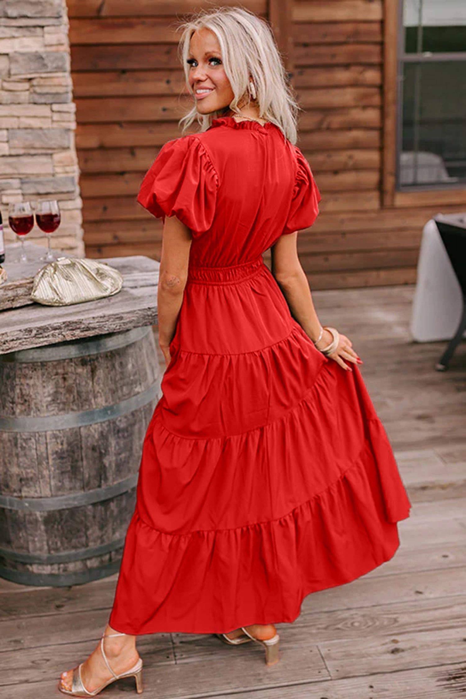 Coral Solid Color V Neck Short Puff Sleeve High Waist Tiered Maxi Dress 🇺🇸