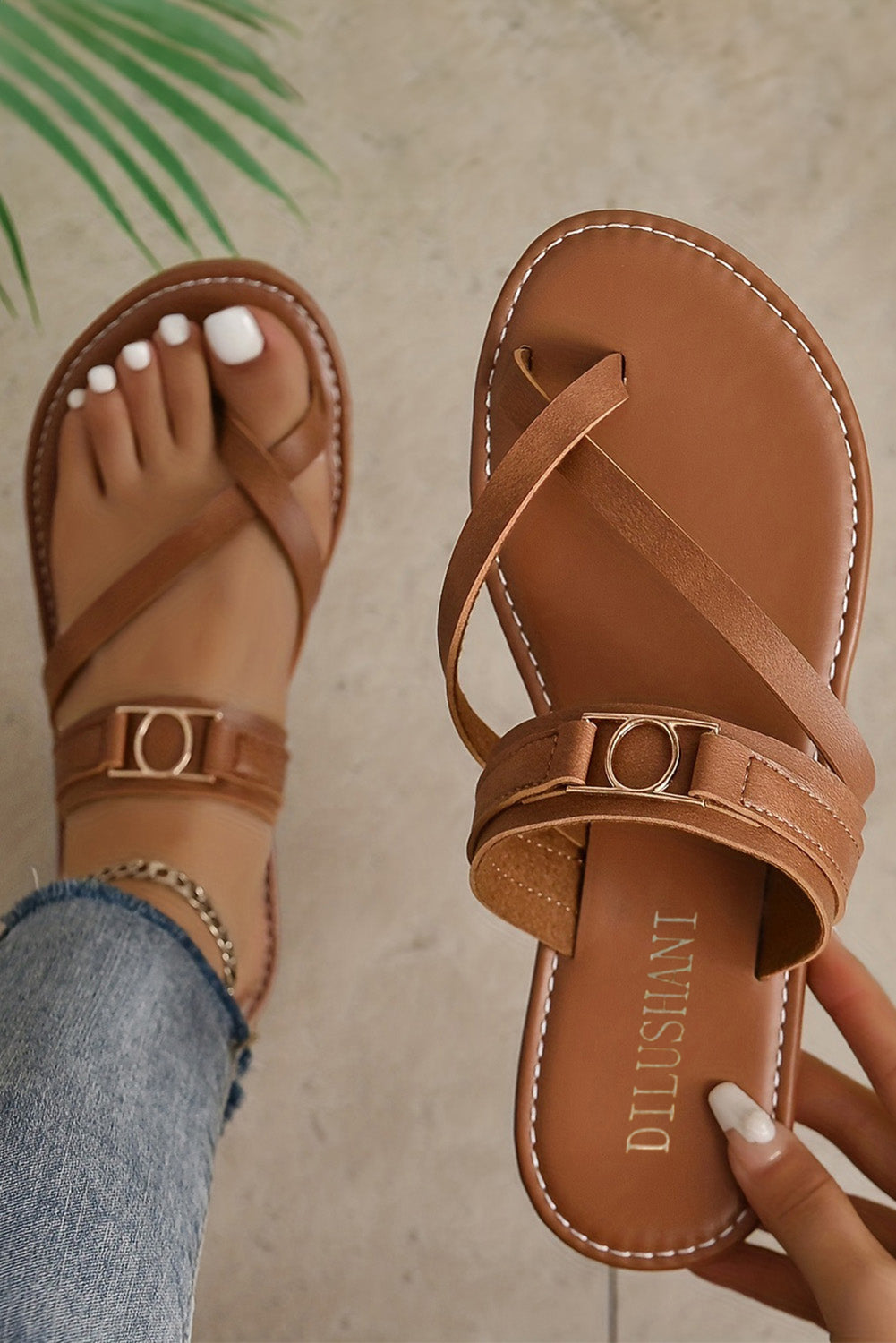 Chestnut Cross Toe Metal Buckle Leathered Flat Slippers 🇨🇳