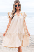 Jet Stream Linen Embroidery Split Neck Pom Pom Ruffle Sleeves Flowy Short Dress 🇺🇸
