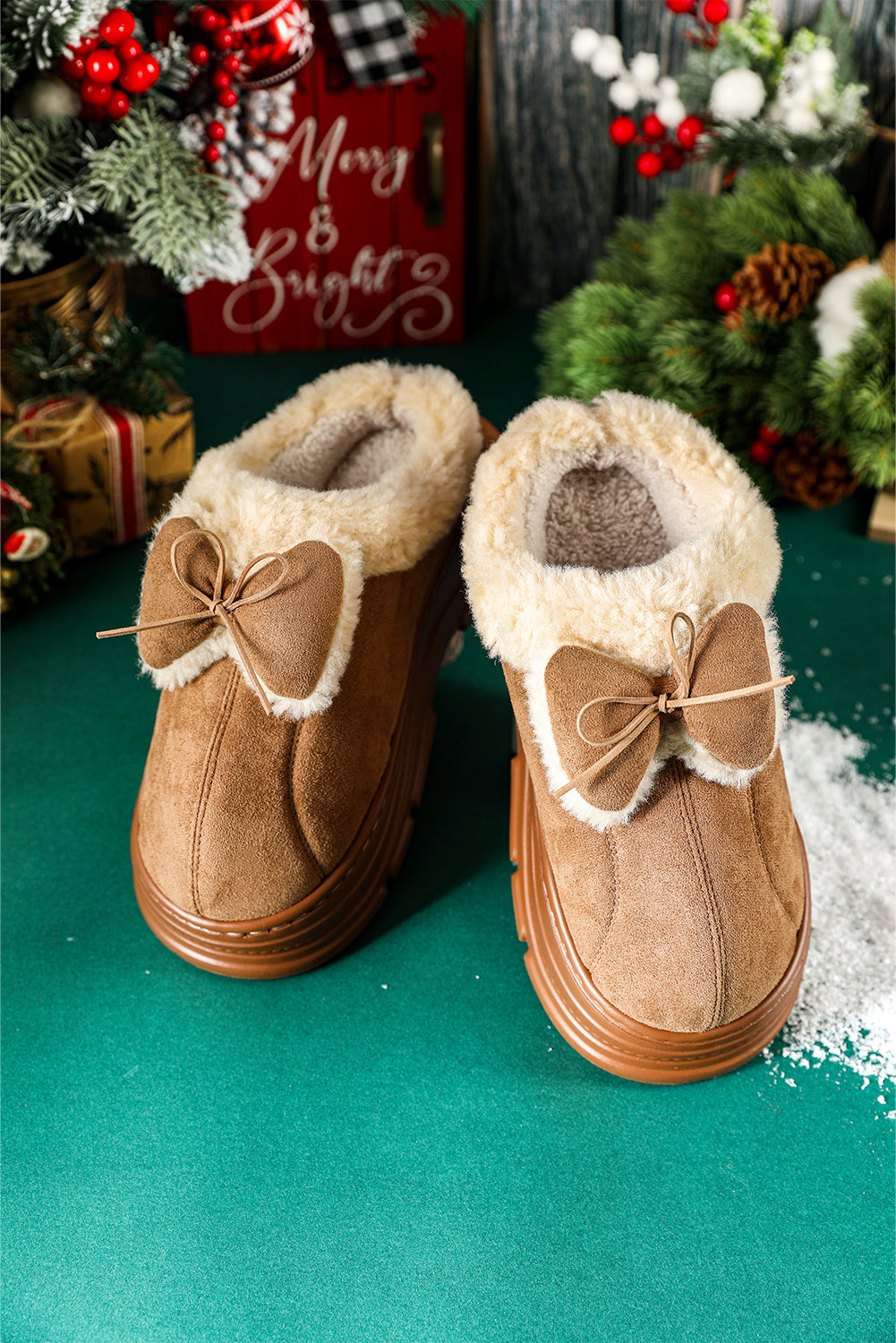 Straw Yellow Cozy Faux Fur Lined Bow Decor Clog Slippers 🇺🇸