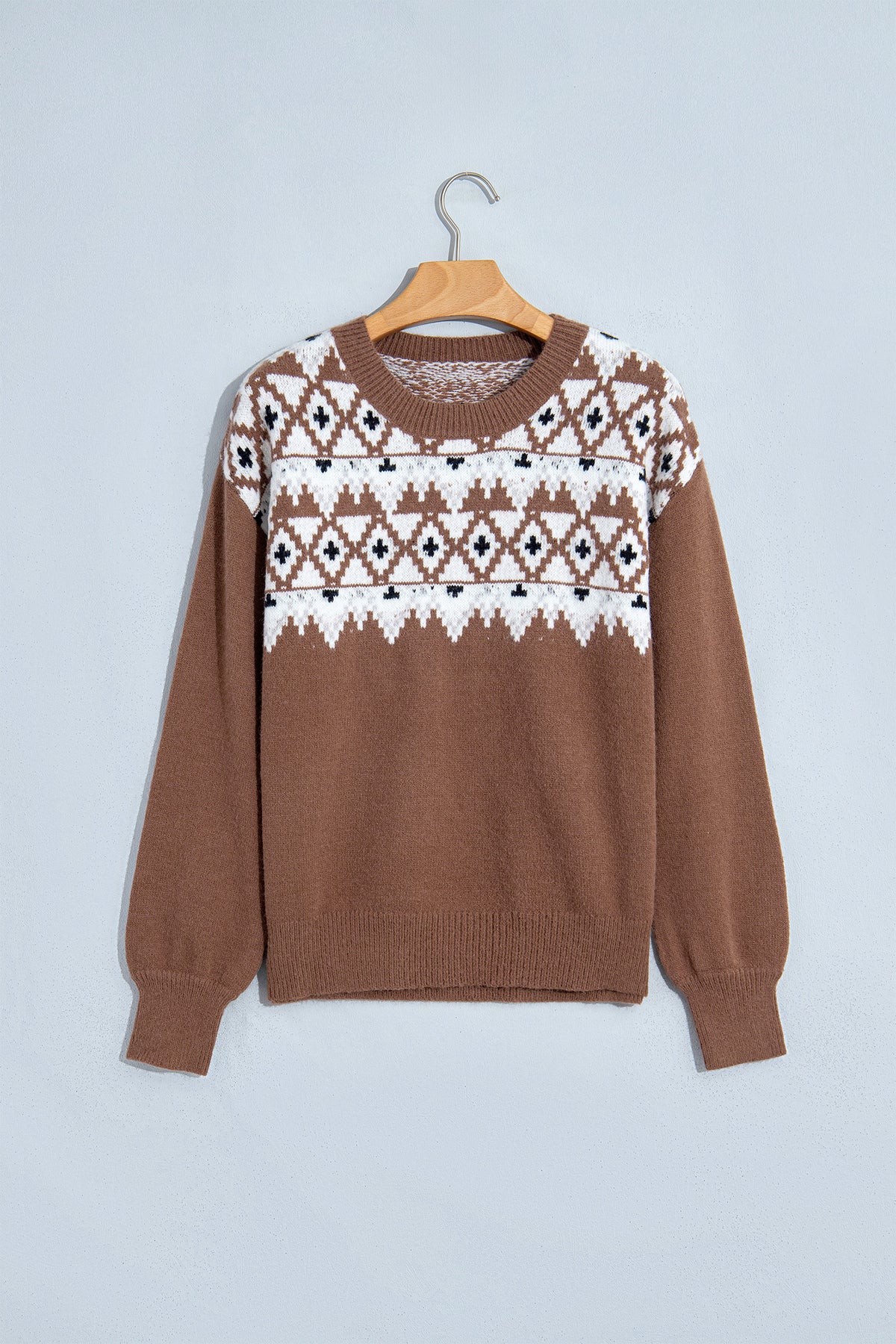 Khaki Geometric Print Drop Shoulder Casual Pullover Sweater 🇺🇸