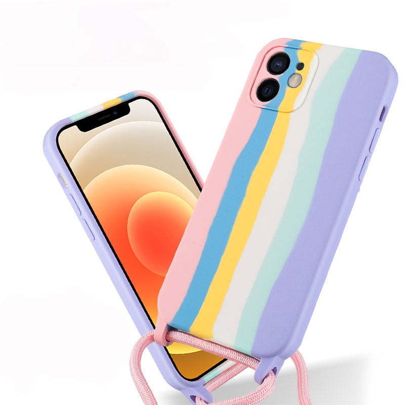 Mobile Phone Cover Apple 13pro Rainbow Lanyard Silicone Cover Suitable For 11pro All-Inclusive Anti-Fall Case 🇨🇳