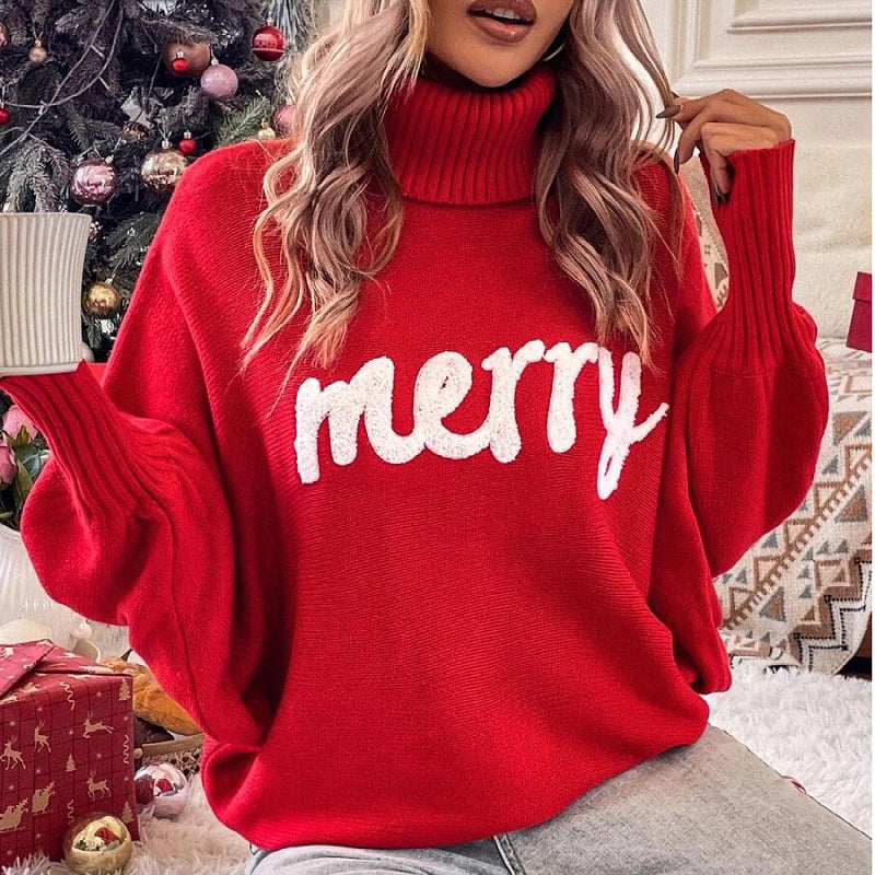 Loose High Neck Knit Sweater Christmas Style 🇨🇳