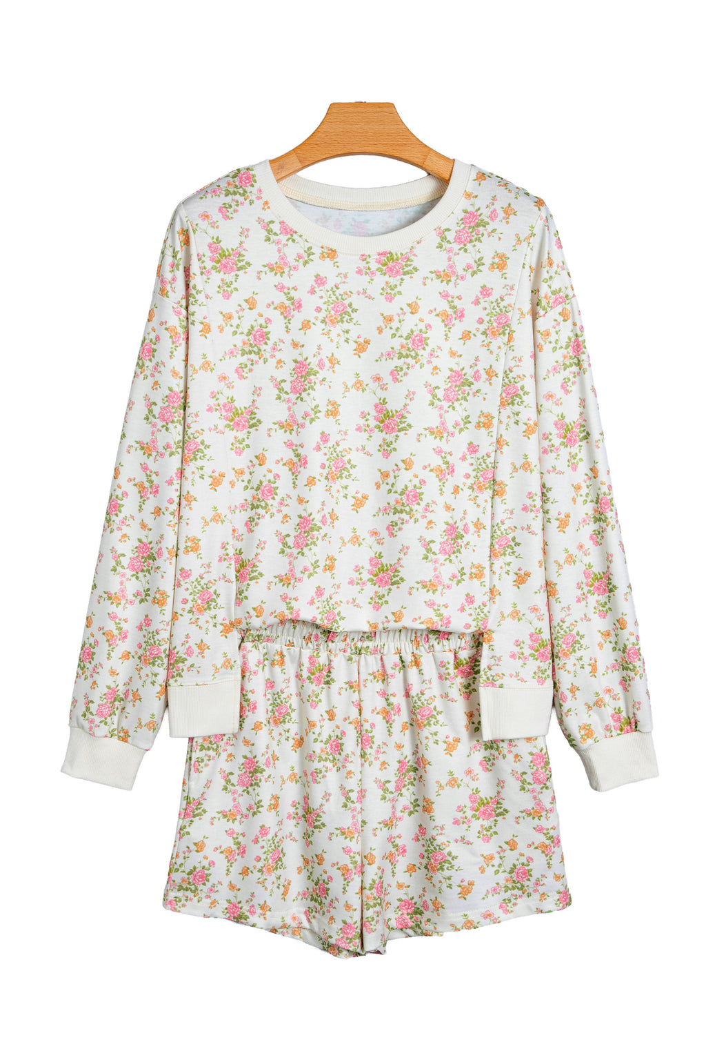 Beige Floral Print Long Sleeve Shift Top Pocketed Shorts 2pcs Set 🇺🇸