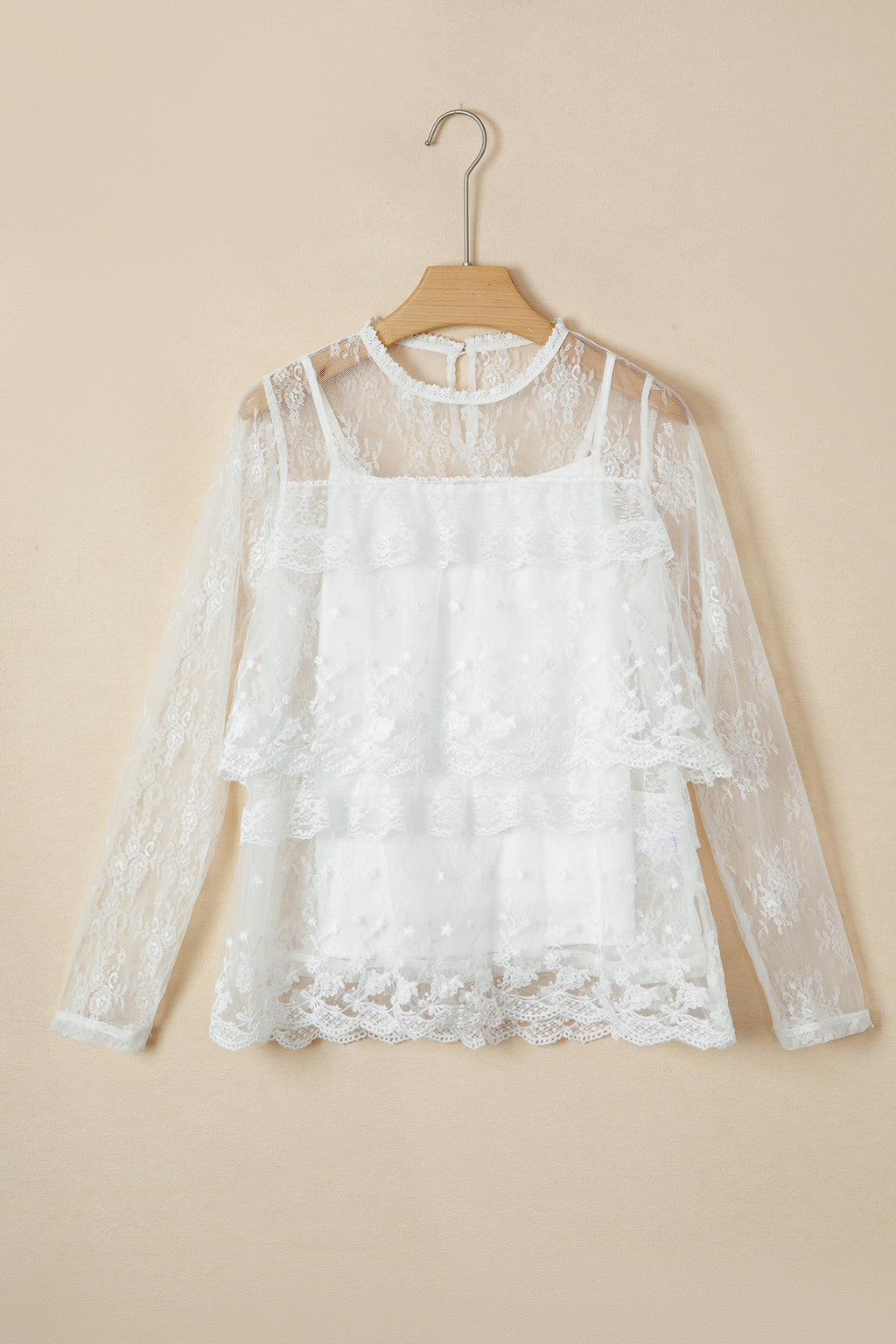 White 2pcs Sheer Floral Lace Ruffle Tiered Patchwork Blouse 🇺🇸