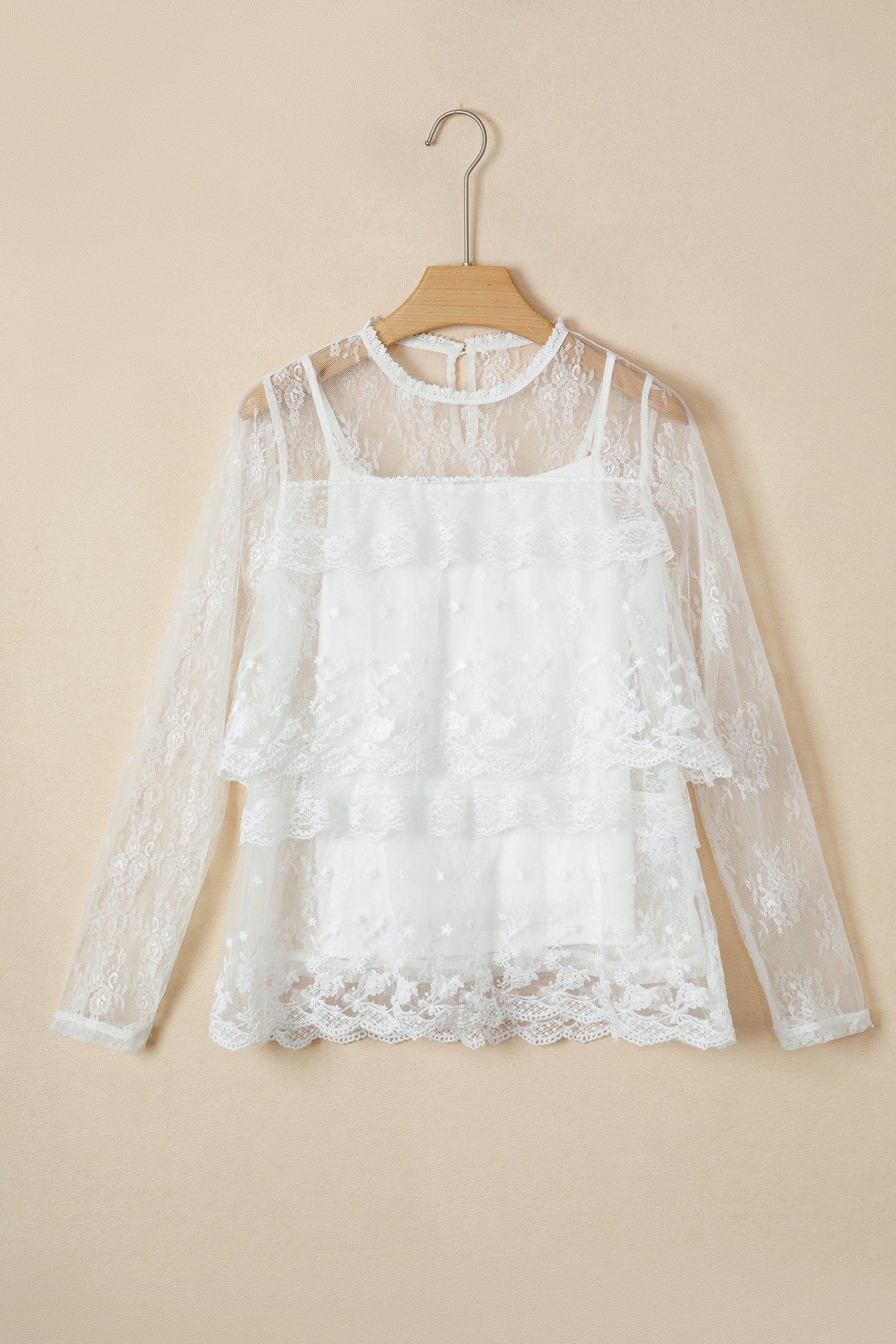 White 2pcs Sheer Floral Lace Ruffle Tiered Patchwork Blouse 🇺🇸