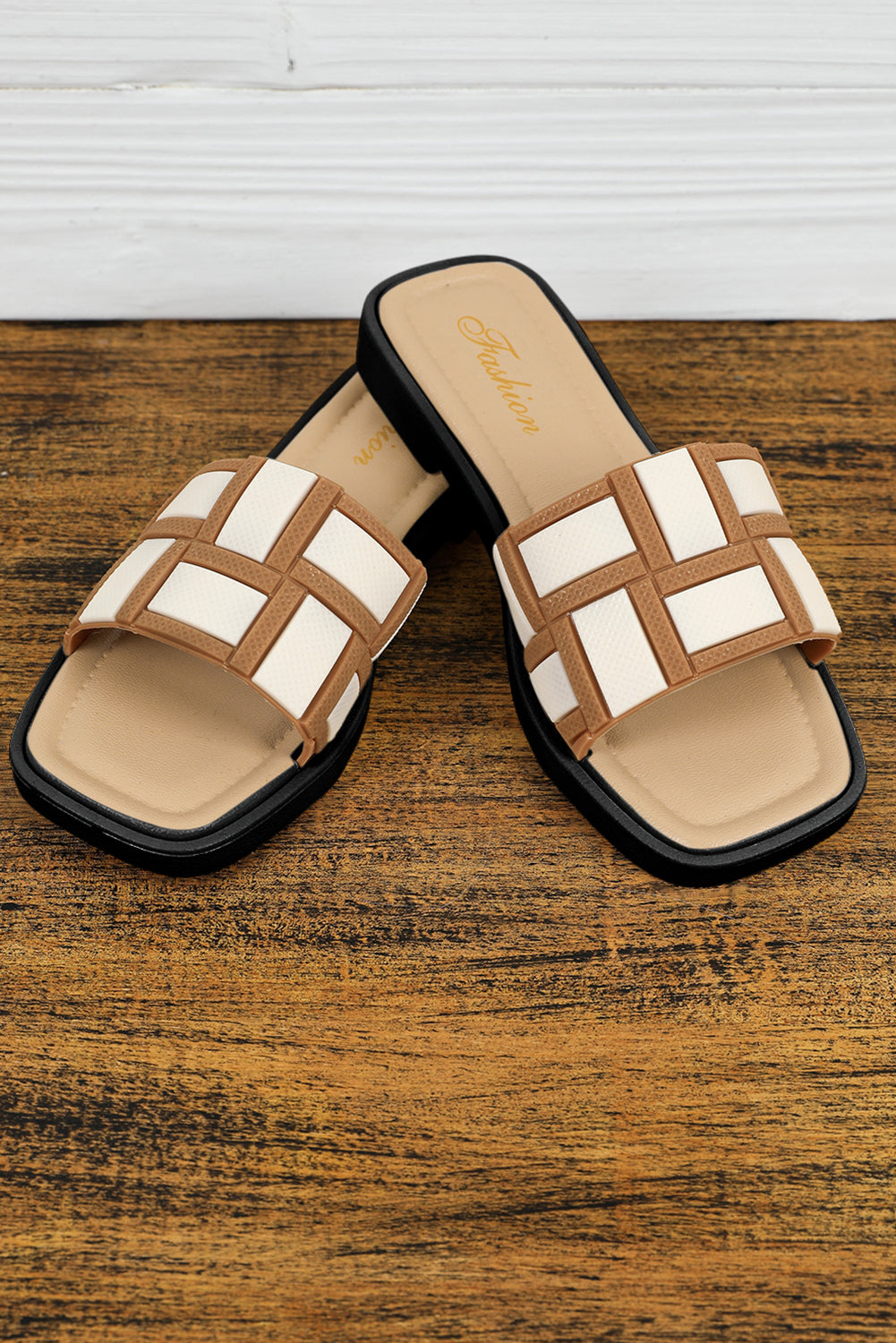 Beige Two Tone Contrast PU Leather Square Toe Slippers 🇨🇳