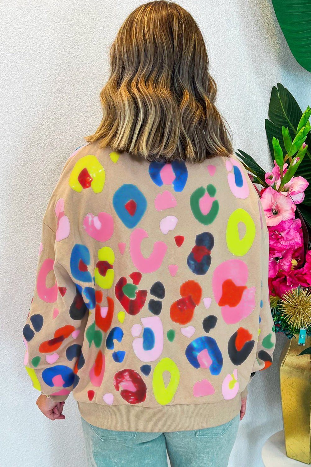 Khaki Multicolor Leopard Printed Drop Shoulder Pullover Sweatshirt 🇺🇸