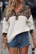 White Leopard Waffle Knit Patchwork Button V Neck Top 🇺🇸