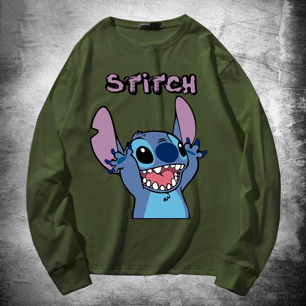 Stitch Long Sleeved T Shirt For Men and Women, Thin Pure Cotton, Loose Fitting, Like Couples Outfit, Round Neck Base Shirt, Clothes On Top 🇨🇳