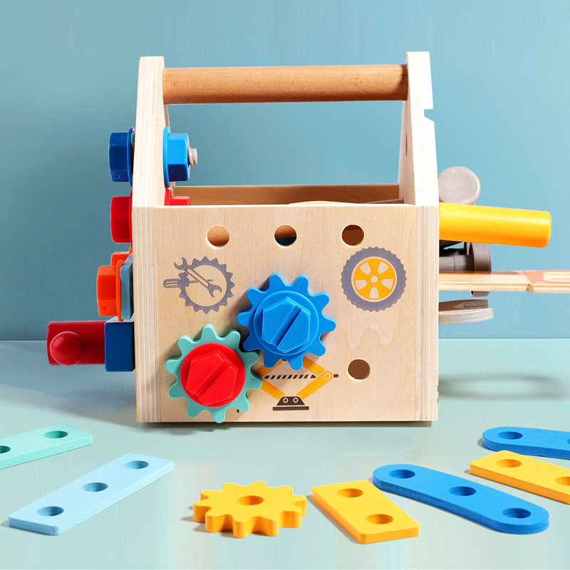 Children's wooden multifunctional toolbox, busy block, screw and nut removal, hand-held tool, blue puzzle toy 🇨🇳