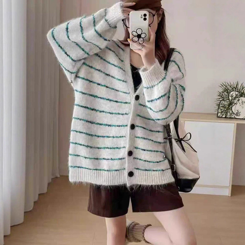 Block Stripe V-Neck Knitted Cardigan 🇨🇳