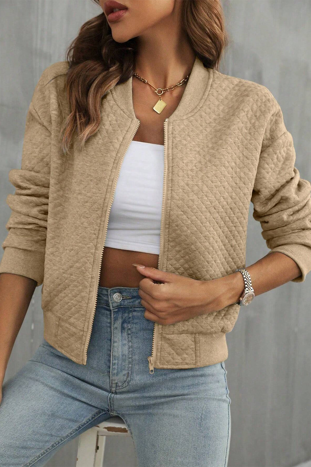 Pale Khaki Solid Geometric Textured Baseball Collar Jacket 🇺🇸