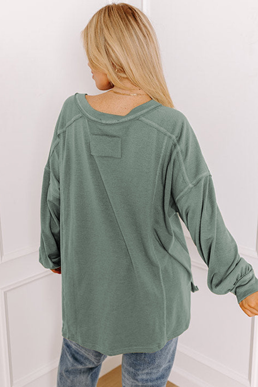 Seagrass Plus Size Exposed Seam Drop Shoulder Henley Top 🇨🇳