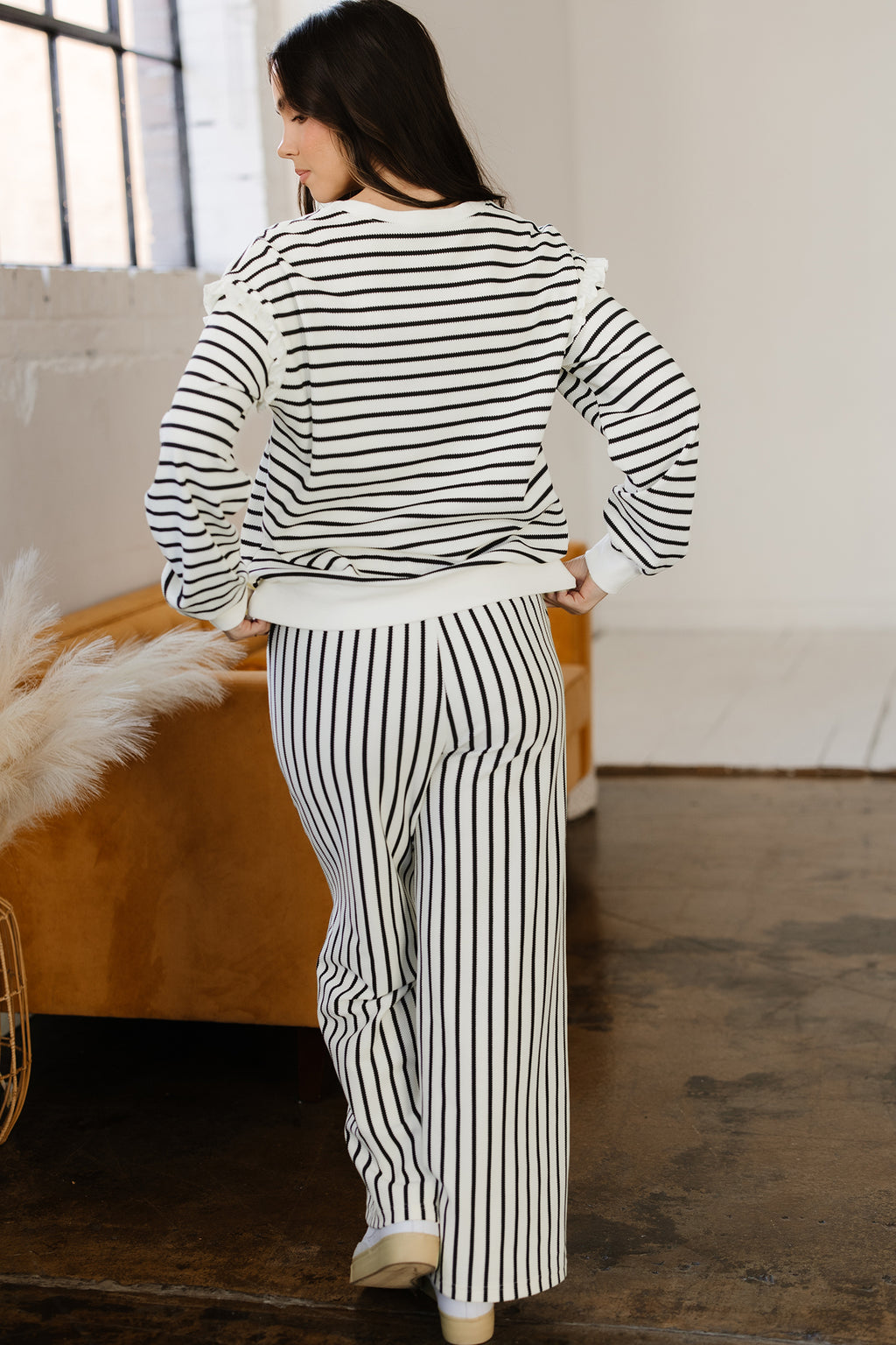 White Stripe Ruffle Trim Drop Shoulder Top Drawstring Loose Pant Set 🇺🇸