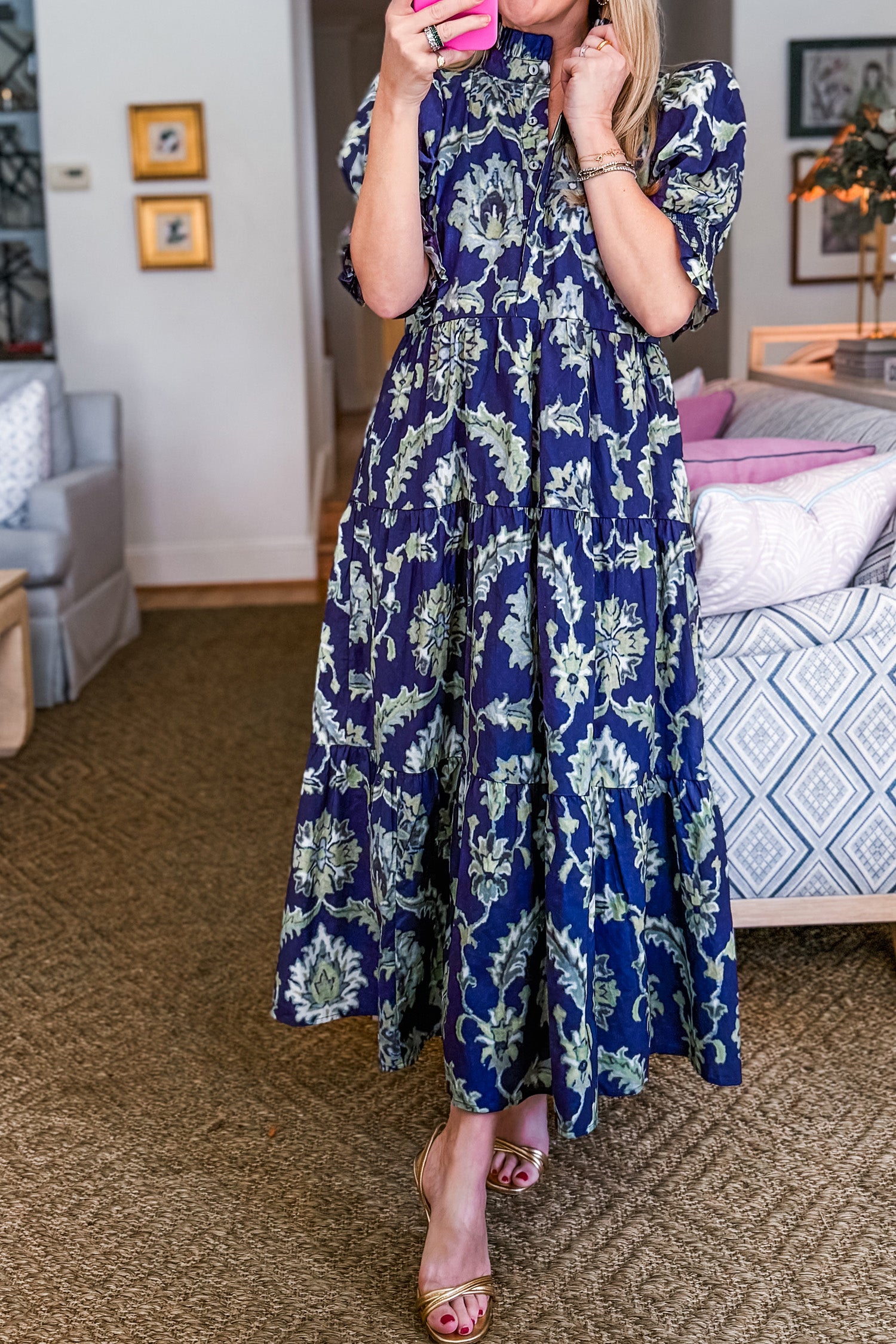 Blue Wild Floral Print Frilled Collar Half Sleeve Long Dress 🇺🇸