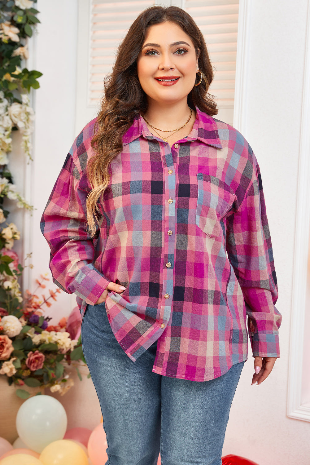Rose Stripe Plus Size Checkered Print Button up Shirt 🇨🇳