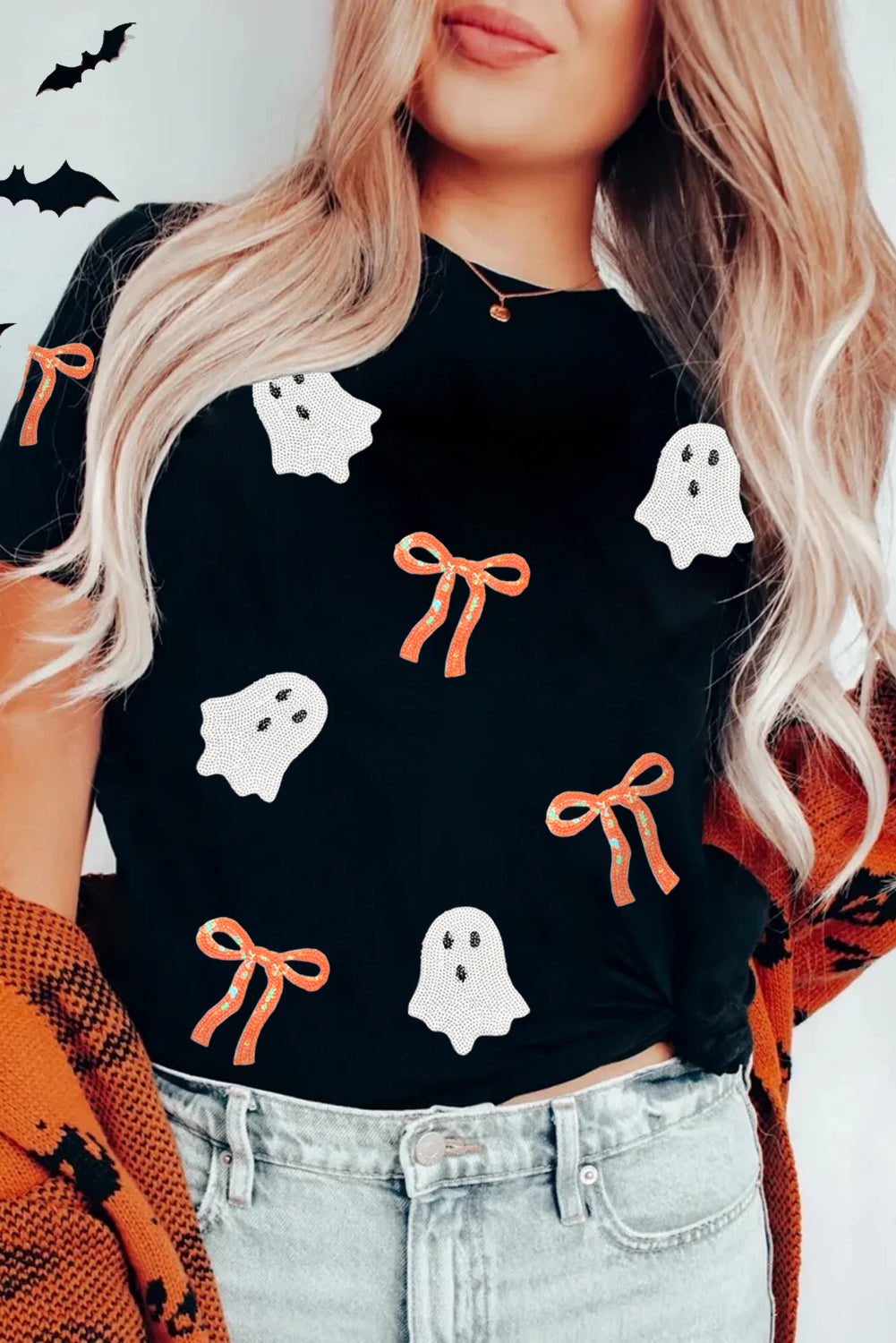 Black Sequin Bow Ghost Patched Halloween Graphic Tee 🇺🇸