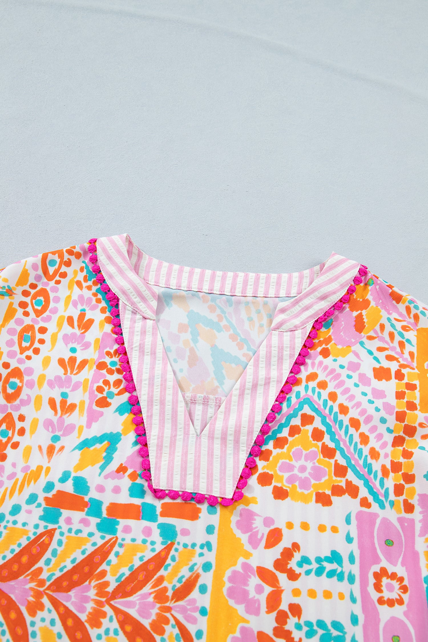 Rose Boho Mixed Print Contrast Trim Striped Patchwork Tiered Short Sleeve Blouse 🇺🇸