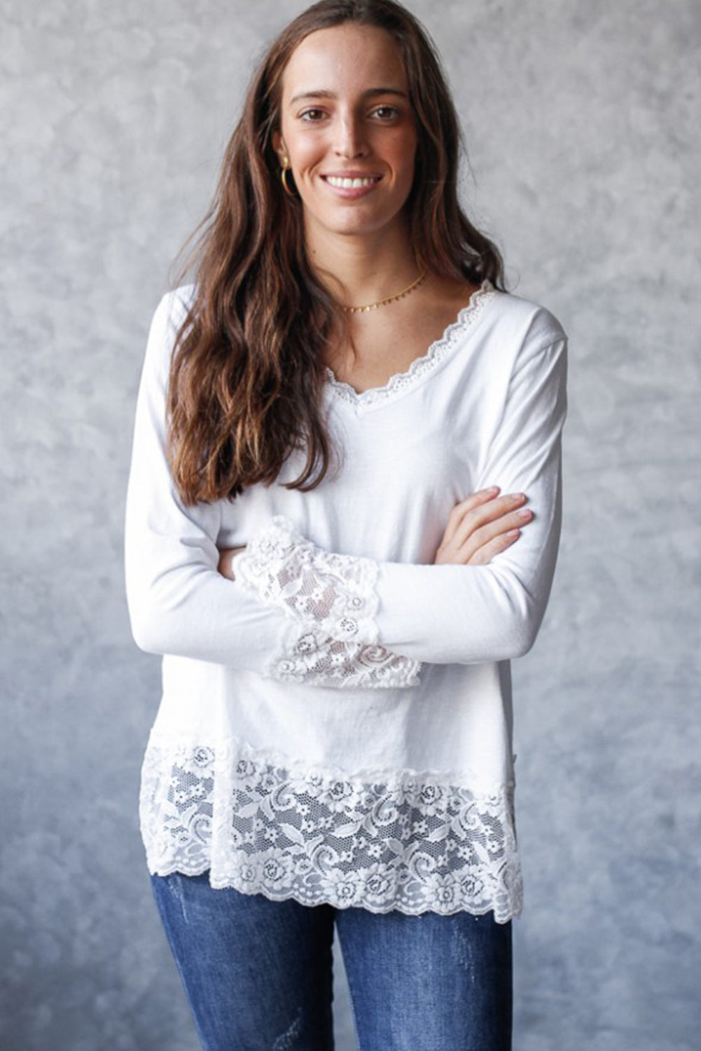 White Lace Trim V Neck Cuffed Long Sleeve Loose Top 🇺🇸