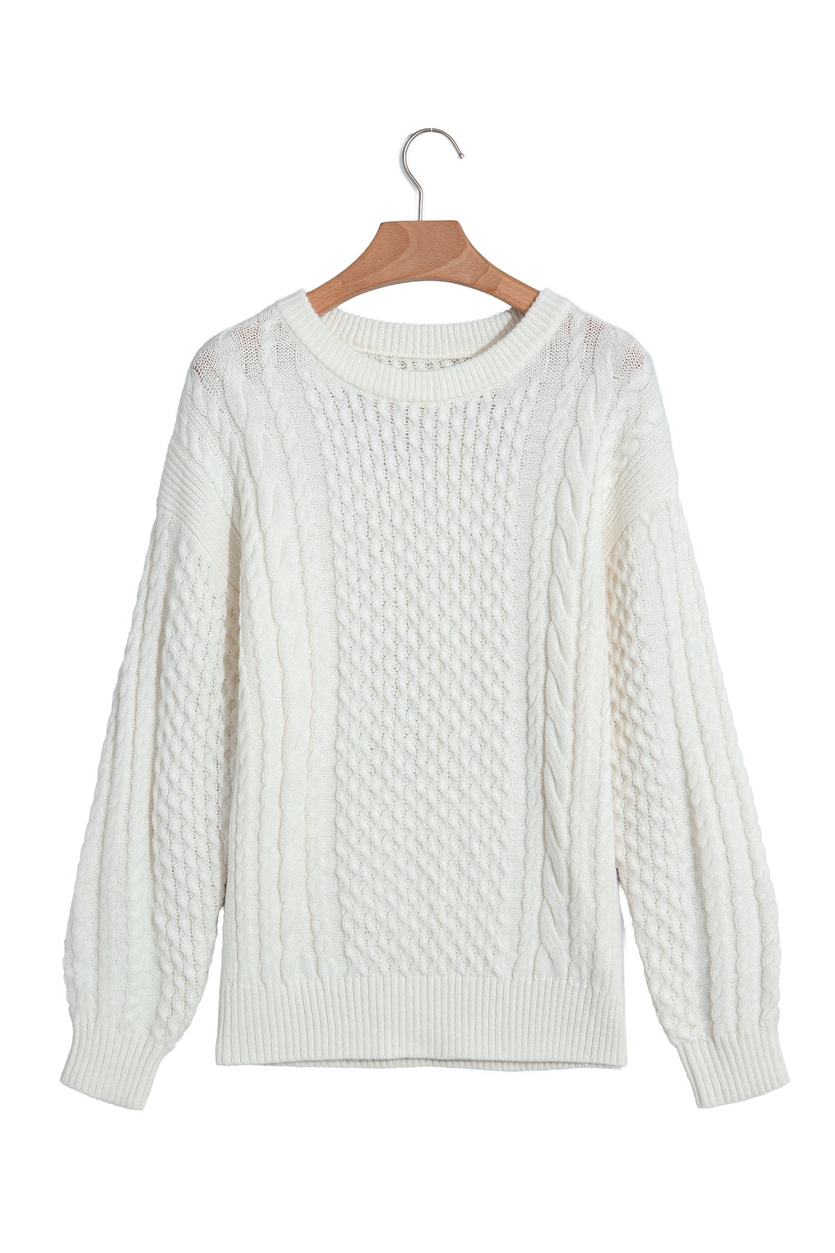 Beige Solid Color Cable Detail Knit Loose Round Neck Sweater 🇺🇸