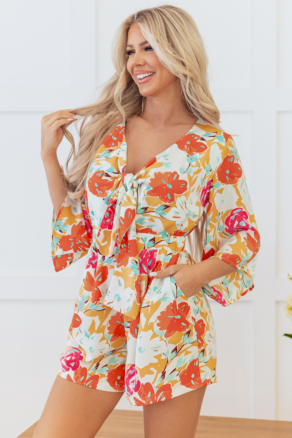 Orange Blooming Floral Print Front Tie Romper 🇺🇸