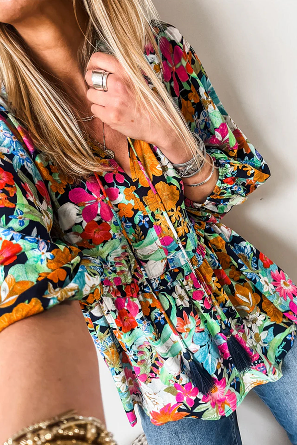 Multicolour Floral Print Bubble Sleeve V Neck Ruffled Blouse 🇺🇸