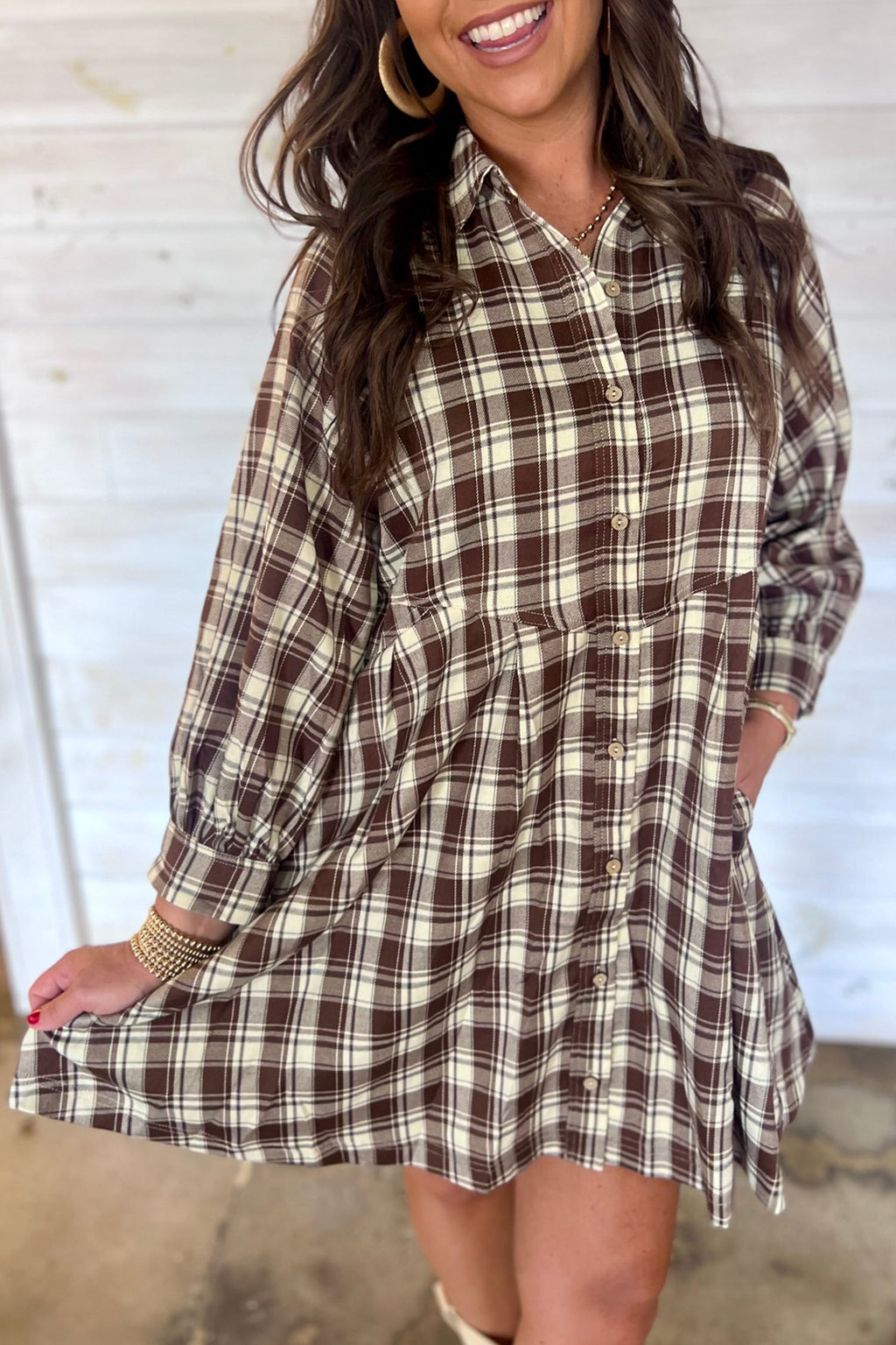 Brown Plaid Long Sleeve Short Shift Mini Dress 🇺🇸
