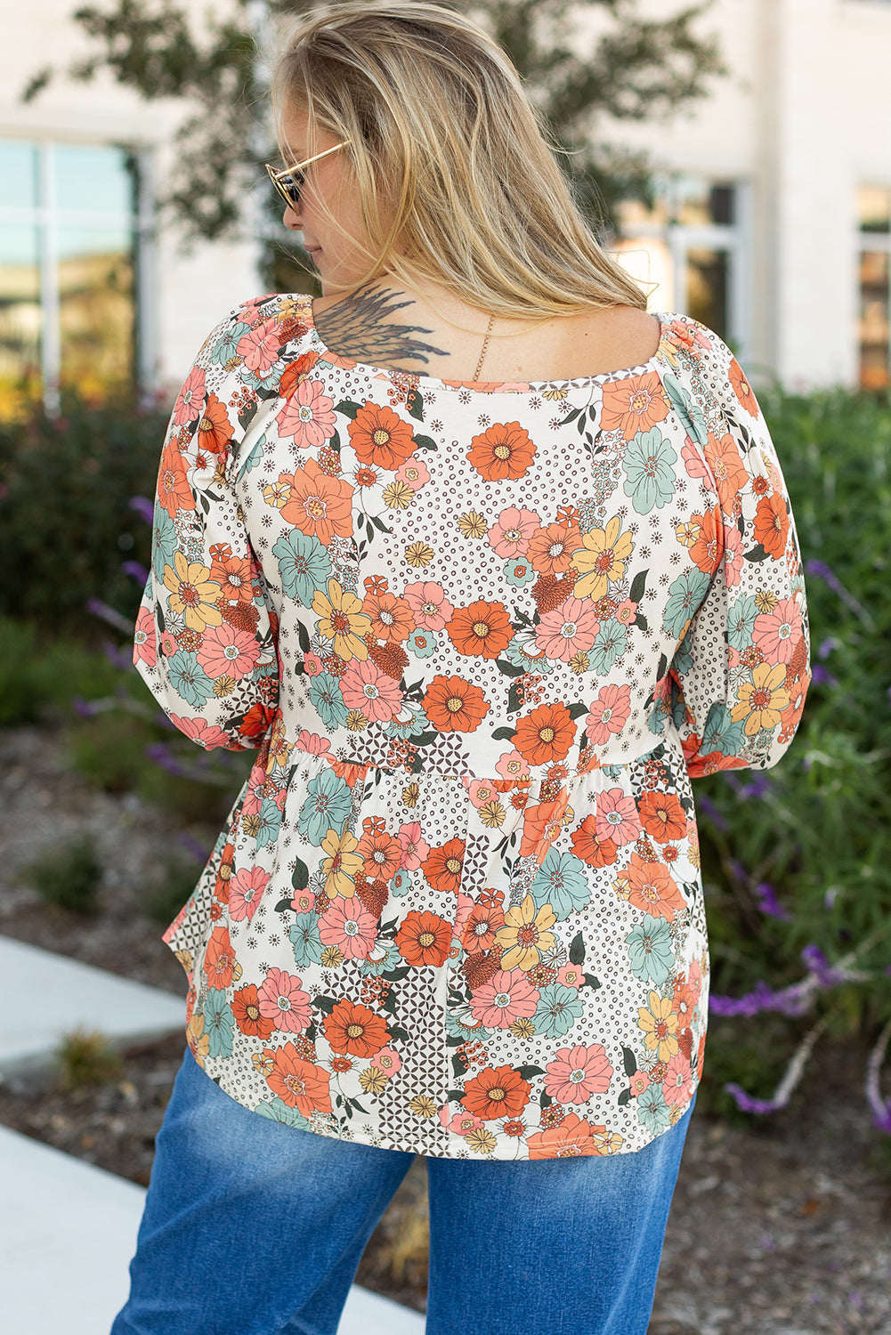 Khaki Plus Size Flower Print Square Neck Peplum Blouse 🇺🇸