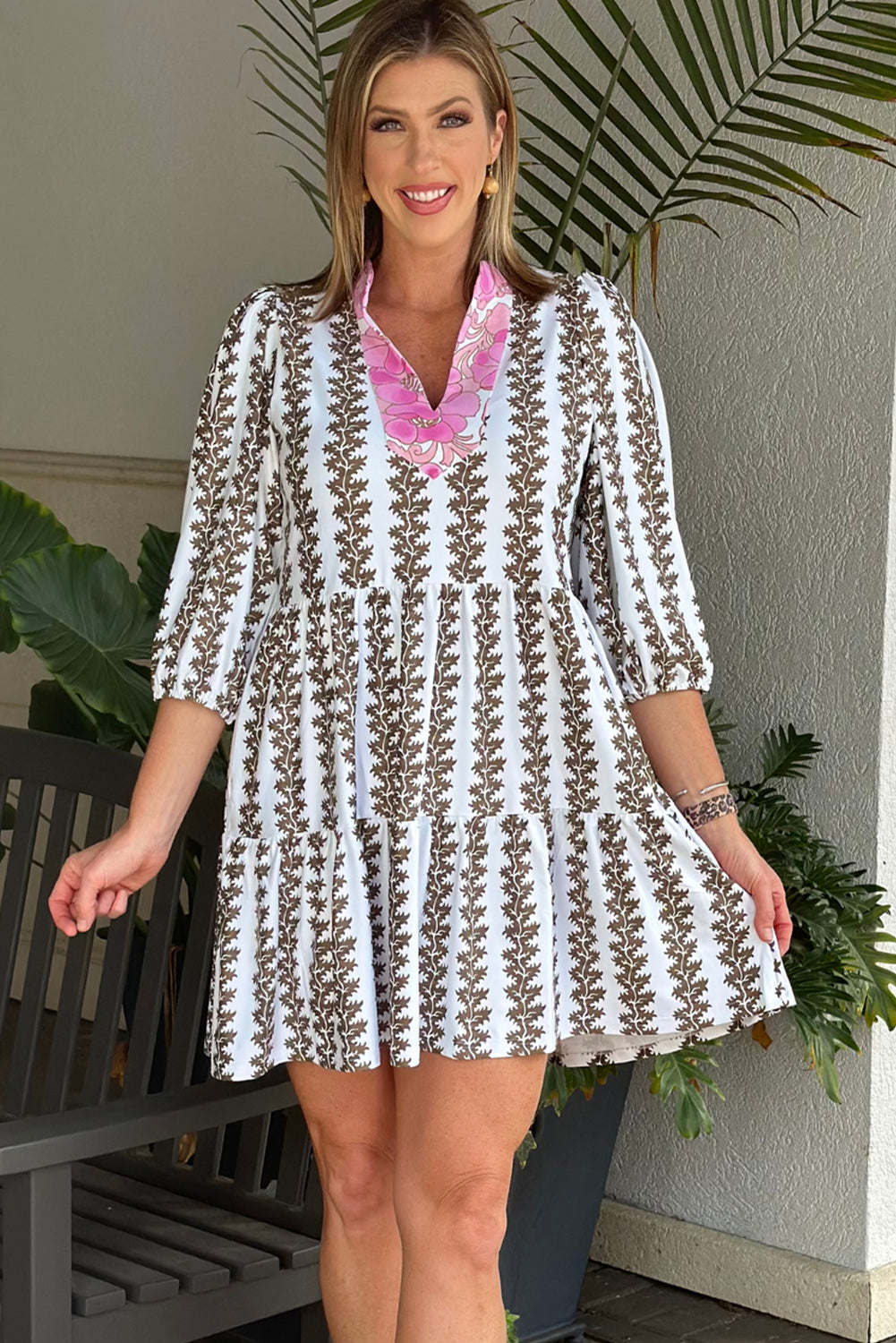 Black Contrast Floral V Neck Printed Bracelet Sleeve Dress 🇨🇳