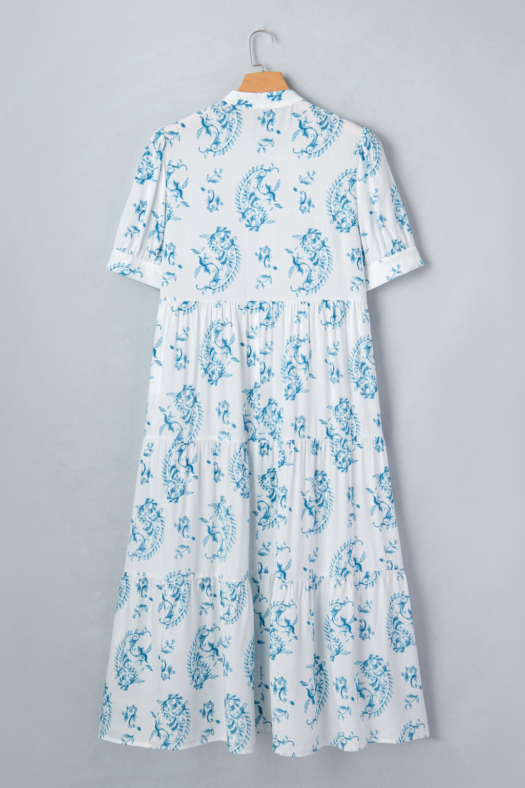 Sky Blue Plus Size Geometric Floral Print Button Split Neck Short Sleeve Maxi Dress 🇺🇸