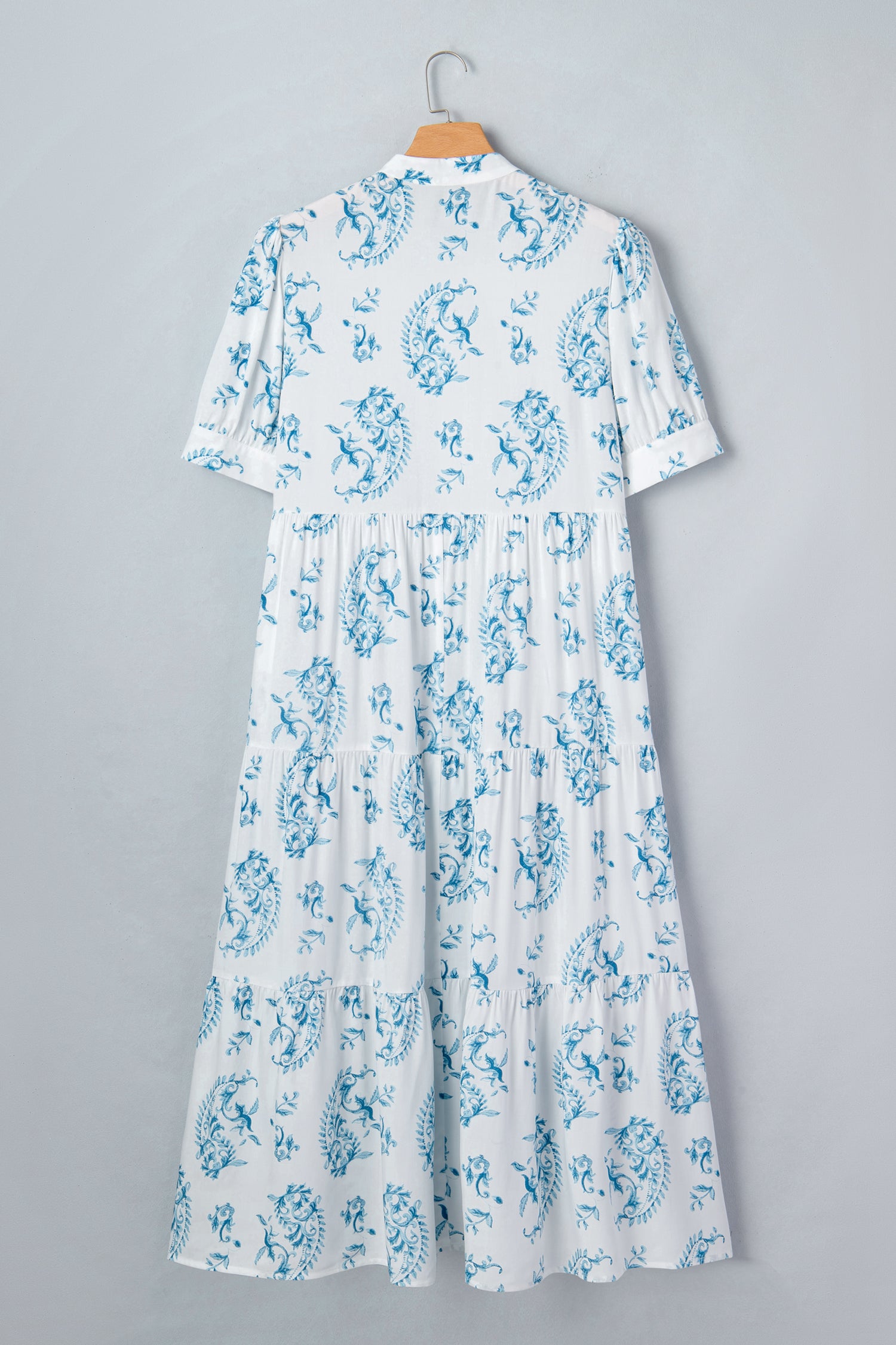 Sky Blue Plus Size Geometric Floral Print Button Split Neck Short Sleeve Maxi Dress 🇺🇸
