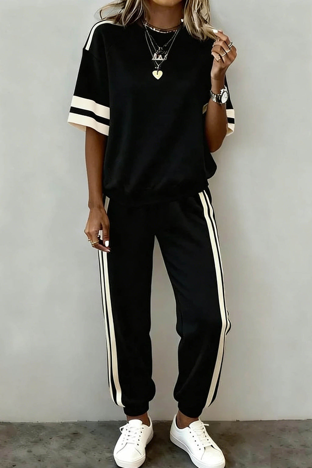 Black Varsity Striped Detail Loose Tee Jogger Pants 2pcs Outfit 🇺🇸