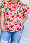 Pink Plus Size Flower Print Split V Neck Puff Short Sleeve Top 🇺🇸