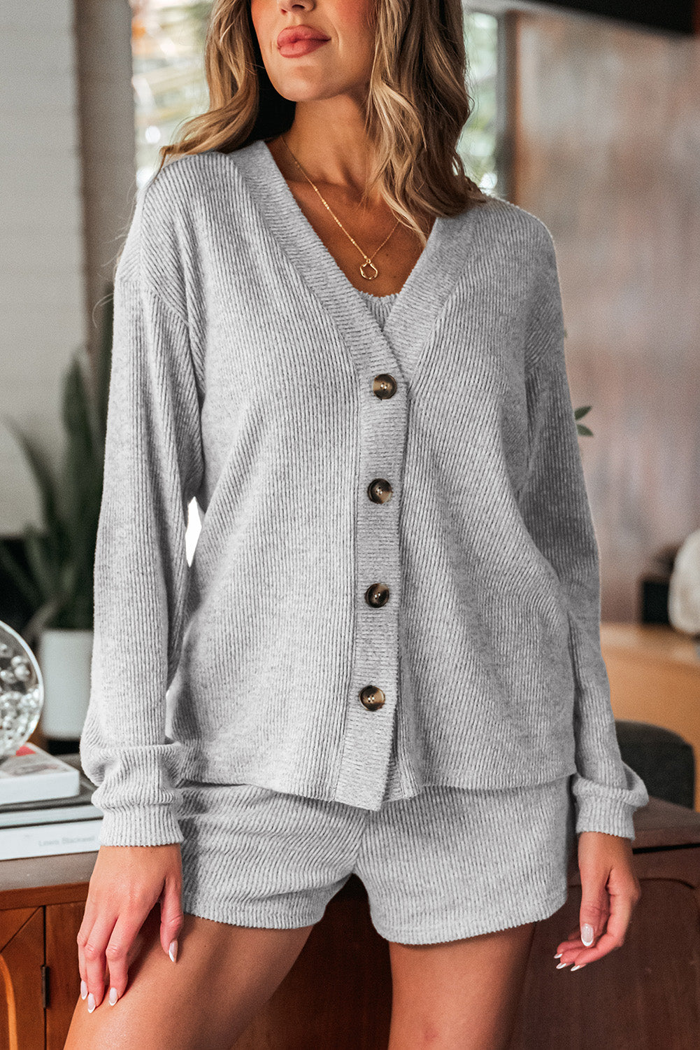 Light Grey 3 Pieces Rib Crop Camisole Matching Shorts Lounge Set with Cardigan 🇺🇸