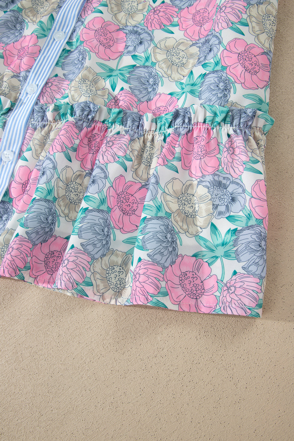 White Floral Print Striped Contrast Trim Belted Short Dress 🇺🇸