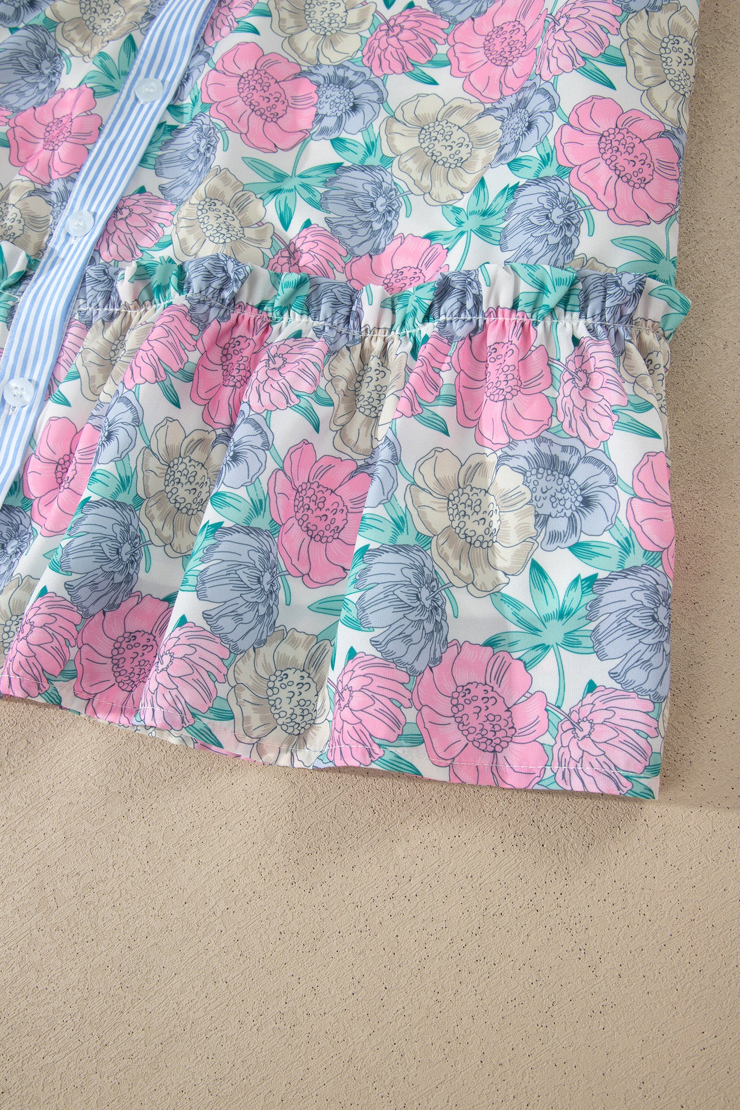 White Floral Print Striped Contrast Trim Belted Short Dress 🇺🇸