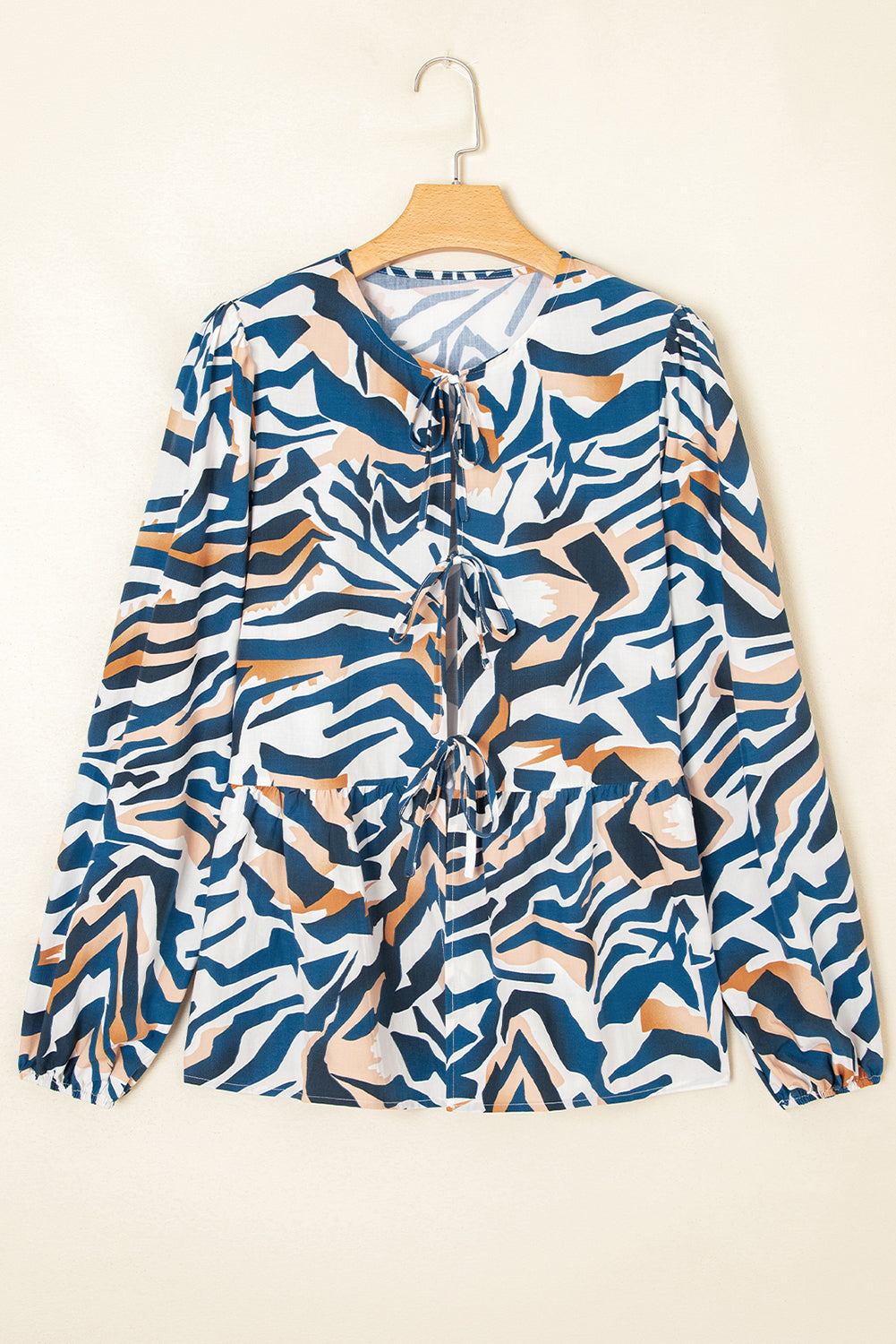 Blue Zebra Print Tied Front Puff Sleeve Top 🇺🇸