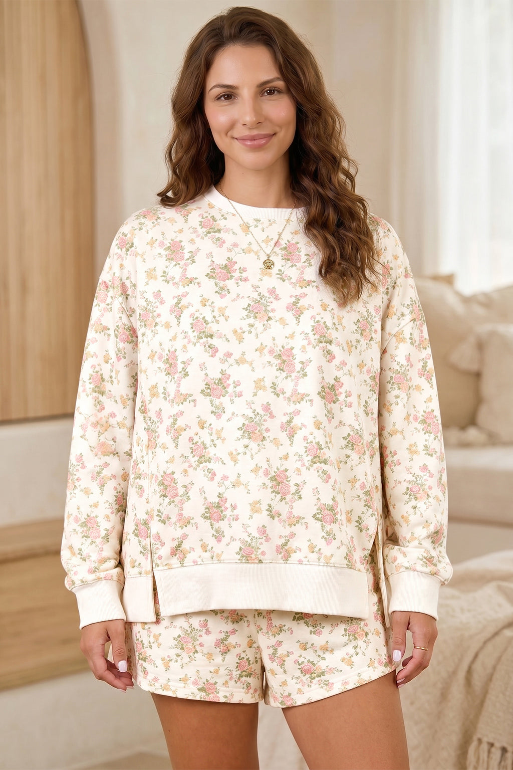 Beige Floral Print Long Sleeve Shift Top Pocketed Shorts 2pcs Set 🇺🇸