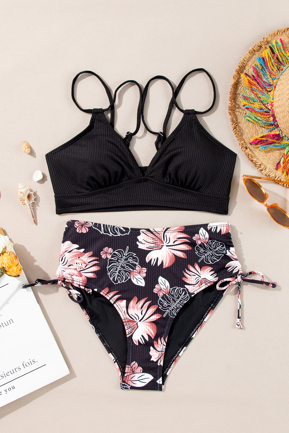 Black Ribbed Knit High Waist 2pcs Bikini Swimsuit 🇺🇸