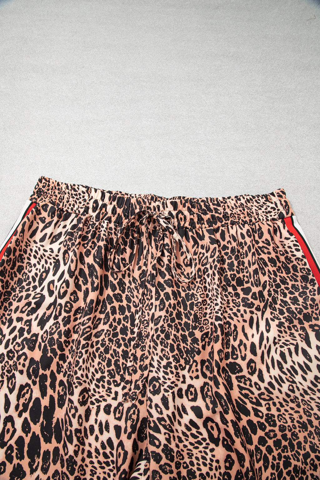 Khaki Leopard Print Colorblock Side Stripes Wide Leg Full Length Plus Size Pants 🇺🇸