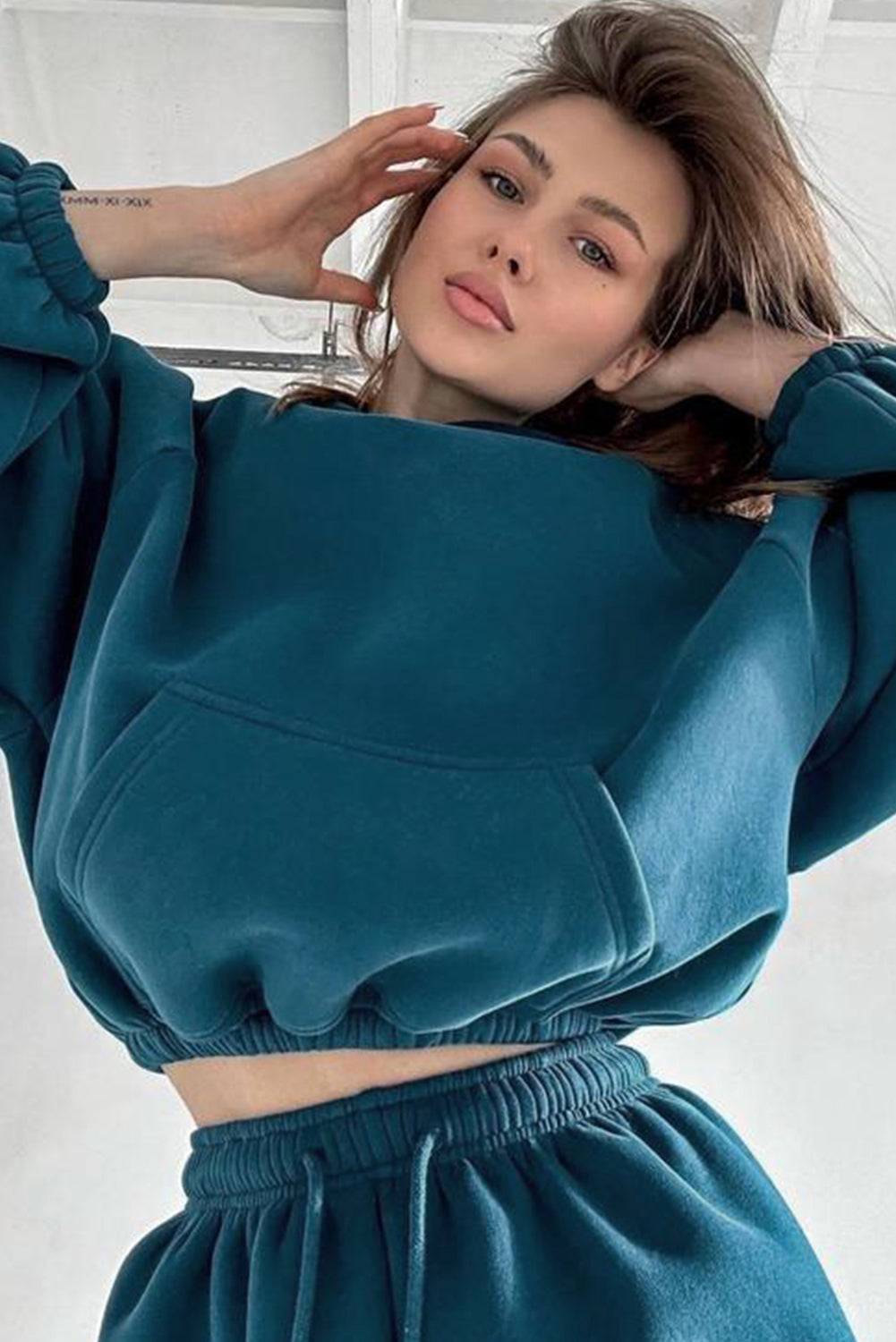 Peacock Blue Cozy Hooded Sweatshirt Drawstring Elastic Waistband Cargo Pant Set 🇺🇸